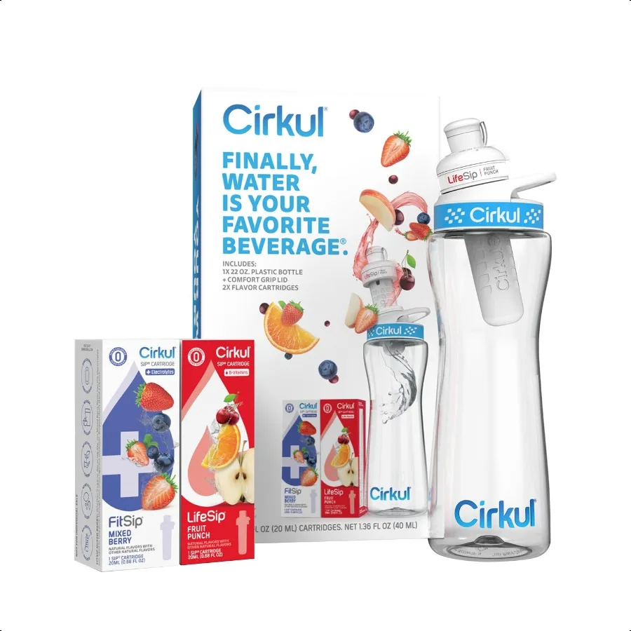 Cirkul 22 onzas. Kit de inicio de botella de agua de plástico sin BPA con tapa azul, 2 cartuchos de sabor, 1 punzón de fruta LifeSip, 1 FitSip Mixed Be