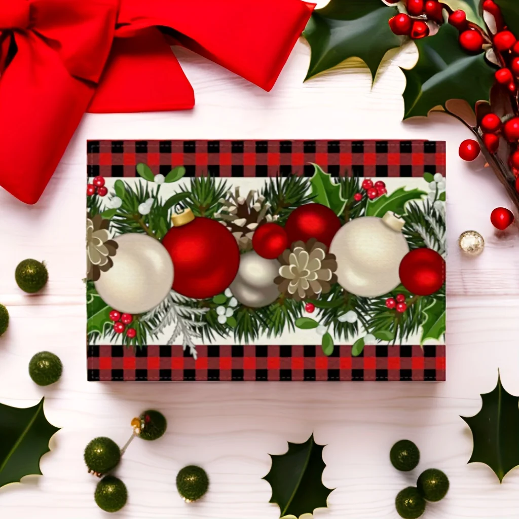 VIKAMA Christmas Placemats Red Black Plaid Pine Cone Linen Table Mats Non-Slip Wipe Clean for Farmhouse Dining Decor