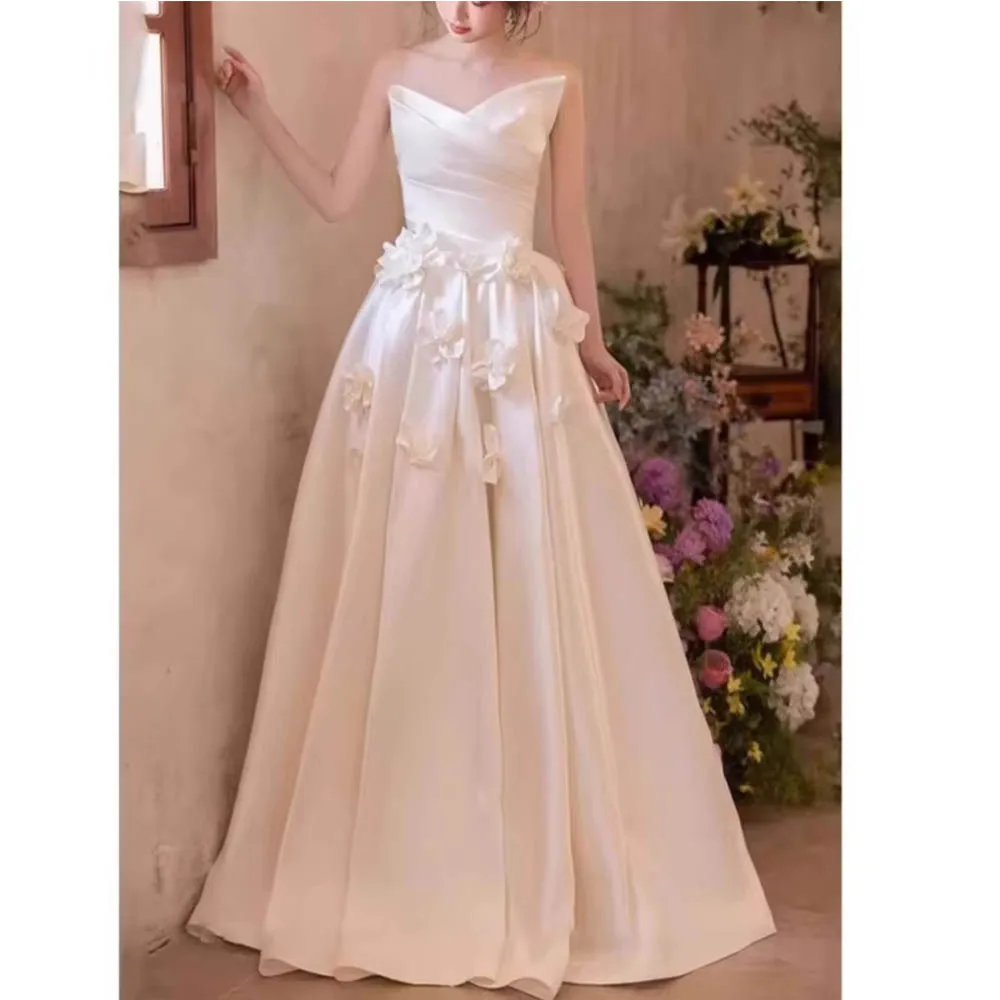 Customized Newest With Detachable Bow Sweet Appliques Simple Wedding Dresses Elegant Sleeveless Long Party Dress Bridal Gown