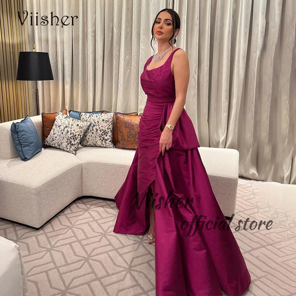 

Viisher Purple Taffeta A Line Evening Dresses Sleeveless V Neck Elegant Long Prom Party Dress Dubai Arabic Formal Evening Gown