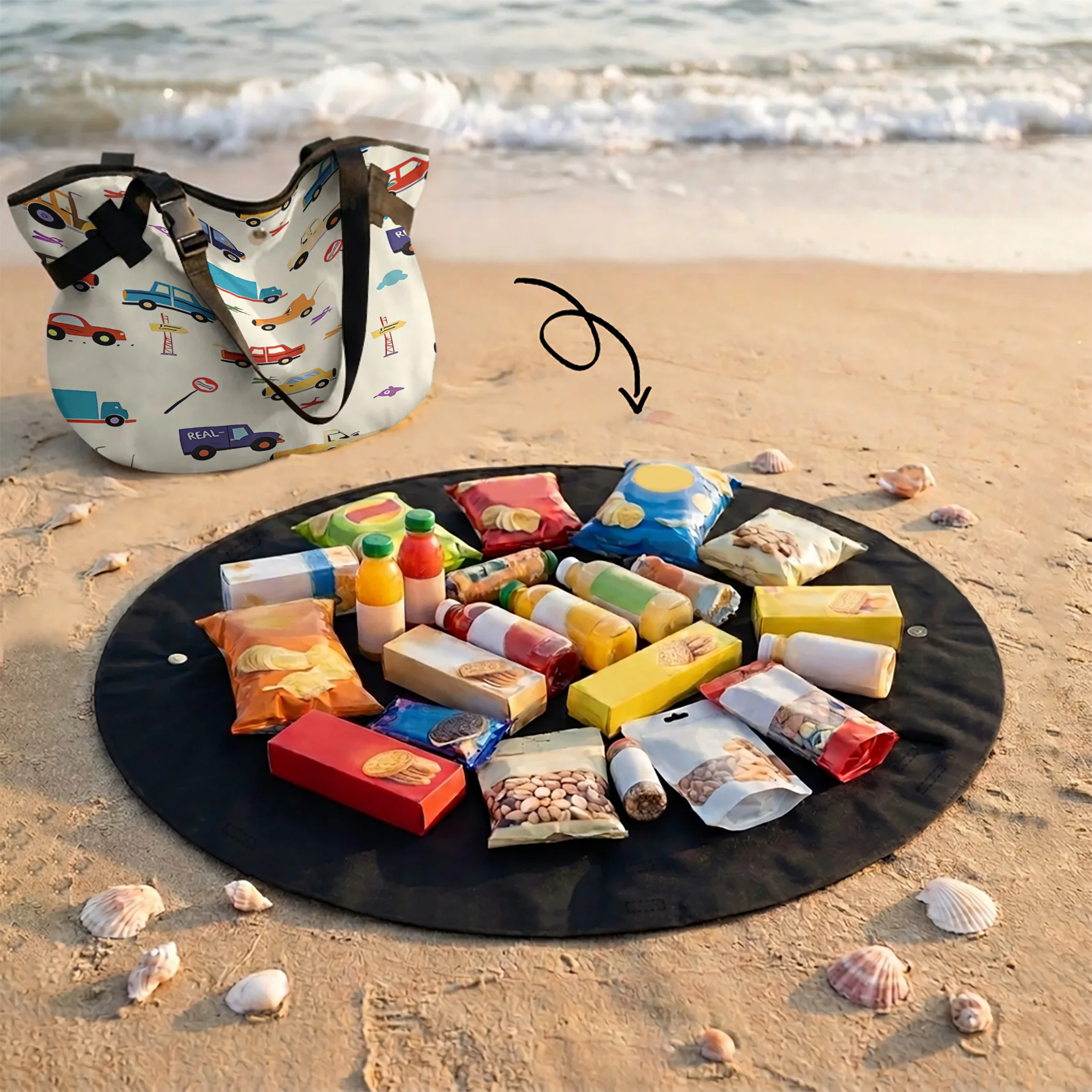 Cartoon Car Print 2 In 1 Tote Bag & Round Picnic Mat, Waterproof Foldable Mat For Camping Beach Picnic Travel