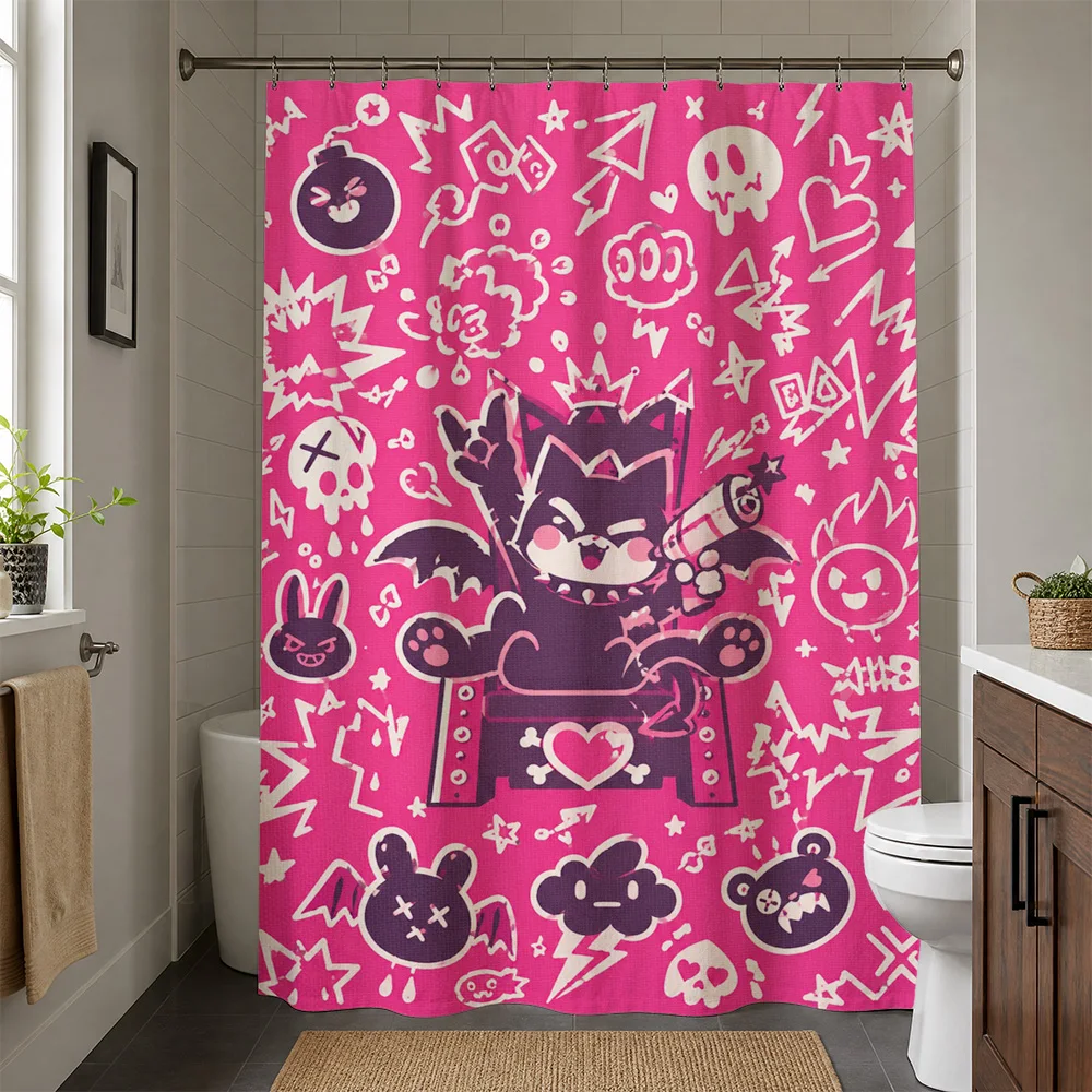 Cute Kawaii Cartoon Monster Princess Bathroom Shower Curtain Fun Pop Art Pink Shower Curtain for Kids Bathroom Decor