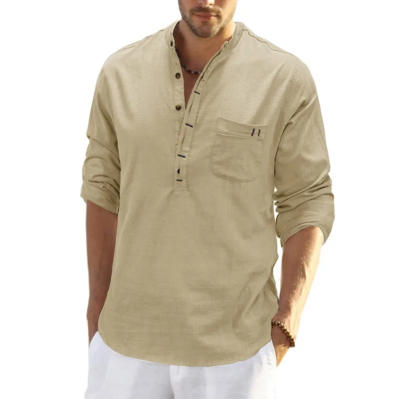

Рубашка из хлопка и льна с воротником-стойкой для мужчин международная торговля в Европе и Америке Мужская рубашка с длинными рукавами из льна
