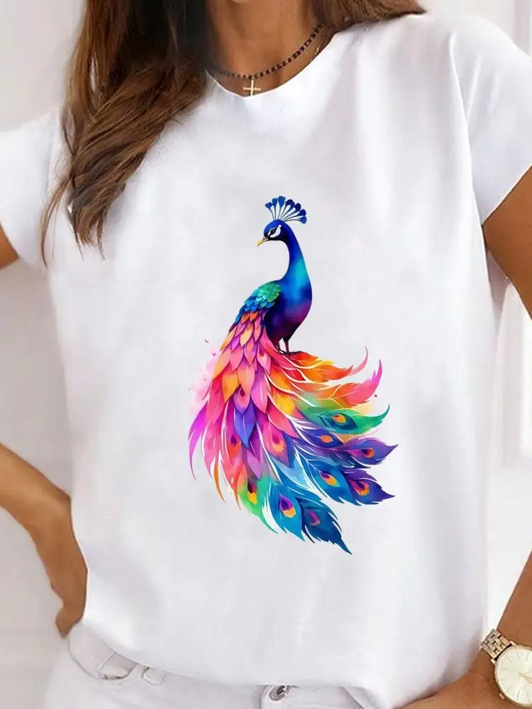 Unisex Art Floral Peacock Love Heart Graphic T‑Shirt Vintage Nature Print Short Sleeve Casual Daily Crew Neck Tee Top