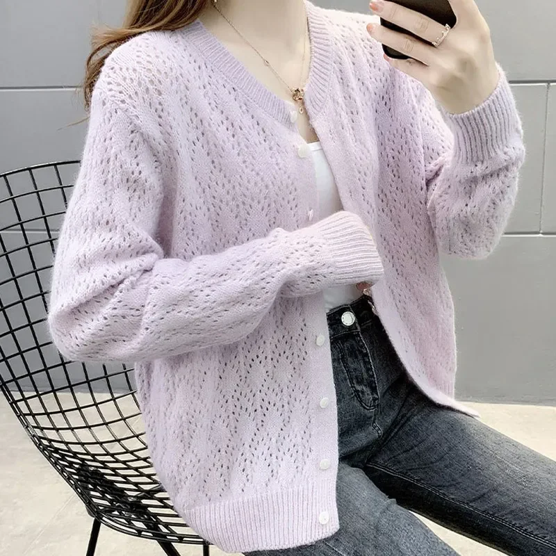 

Spring Autumn New Korean Short Knitted Cardigan Tops Women Outerwear O-Neck Hollow Out Sweater Female Loose Knitwear Tide B1228