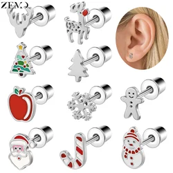 ZEMO 1 Piece Christmas 20G Stainless Steel Stud Earrings Women Men Ear Studs Santa Claus Snowflake Reindeer Helix Piercings Gift