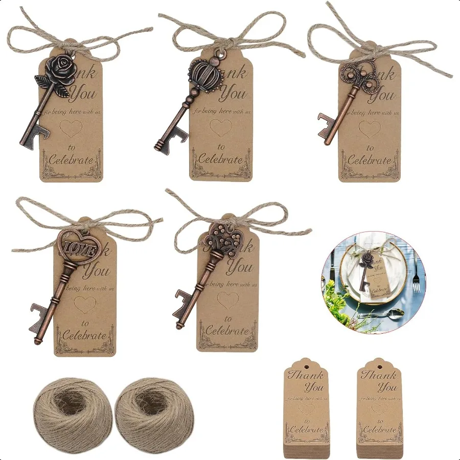 

100pcs Wedding Party Gifts Favors for Guests Mixed Skeleton Key Bottle Opener with Thank You Cards and Hemp Rope for Birthday H