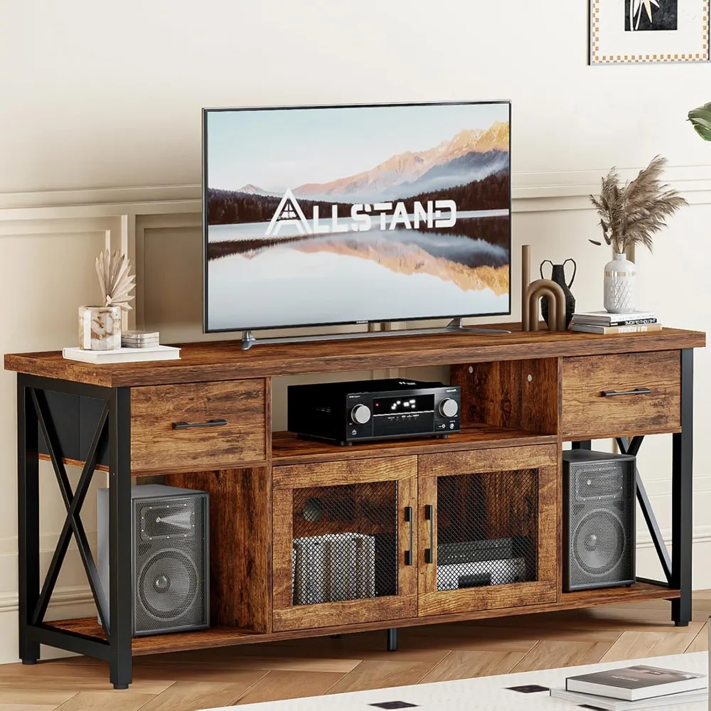 

Farmhouse Entertainment Center with 2 Drawers & Storage Cabinets, Industrial Media Console Table