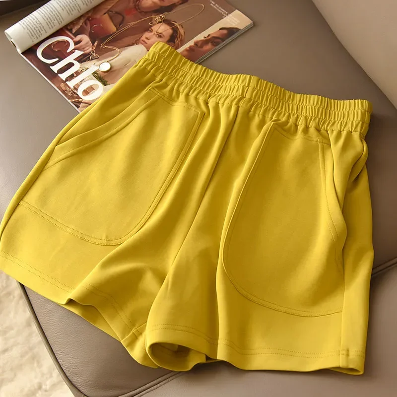 Women's Yellow Elastic Waist Shorts Side Pocket Loose Fit Casual Soft Comfortable Daily Shorts