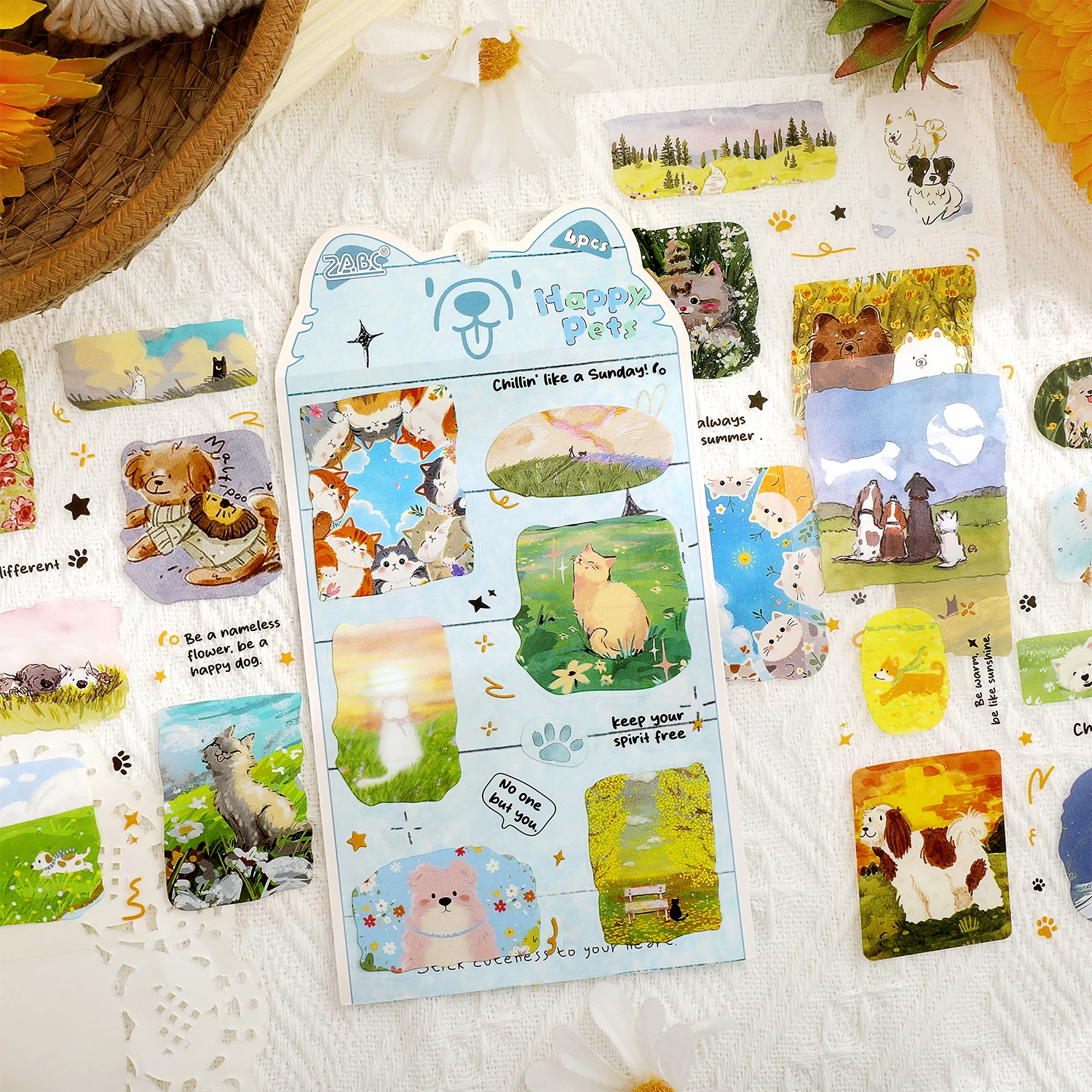 4pcs Happy Cute Pet Series Kawaii Cartoon Animal Countryside Style PET Die Cut Sticker DIY Scrapbook Stationery Sticker