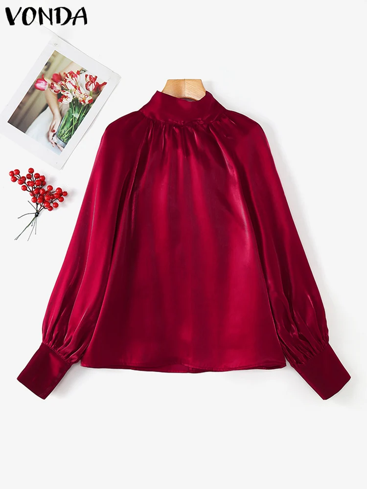 

VONDA Women Tops 2025 Bohemian Satin Shirts Lantern Sleeve Blouses Vintage High Collar Elegant Solid Color Blusas Oversized