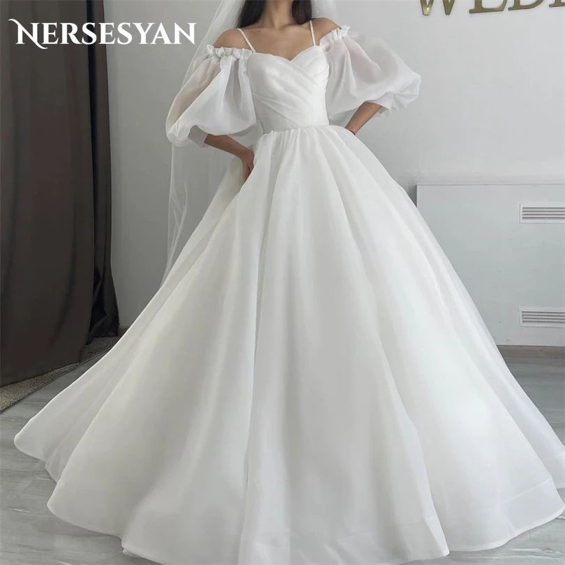 

Nersesyan Elegant Spaghetti Straps Formal Wedding Gowns Pleated Puff Sleeves Bridal Dresses A Line Princess Bride Dress 2023