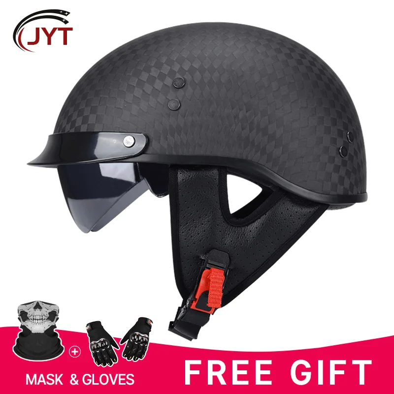 

Carbon Fiber Motorcycle Half Face Helmet with Built-in Lens Four Seasons Unisex DOT Approved Motocross Shell Cap Open Helmets