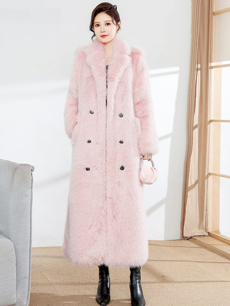 Nerazzurri Pink  Fur Coat Women's Long Double-Breasted Belted Back Split Eco-Friendly Fur Coat Korean Style Commute Wind