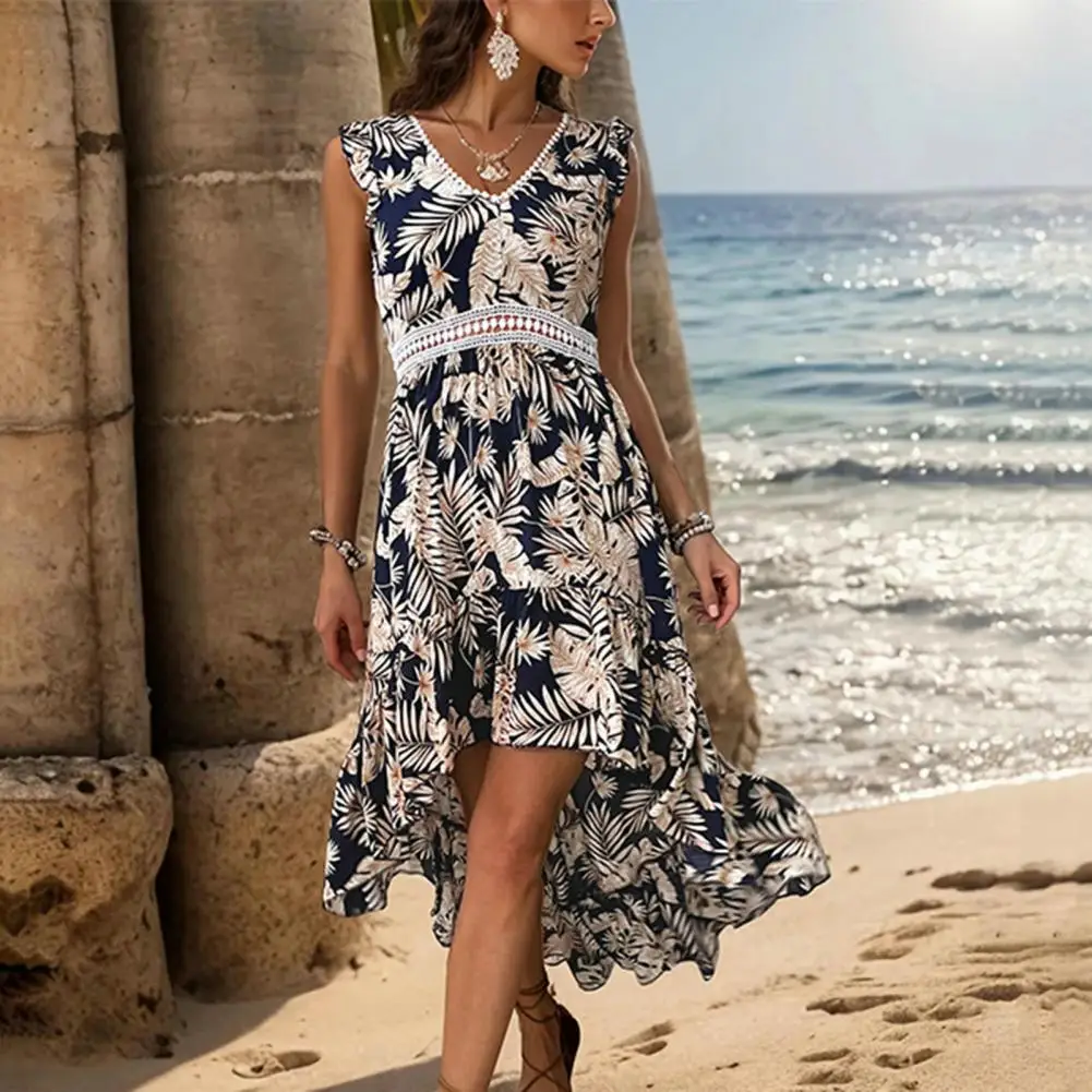 

V-neck Hollow Dress Stylish Leaf Print Boho Dress with V Neck Back Zipper Closure for Women Summer Beach Vacation Outfit