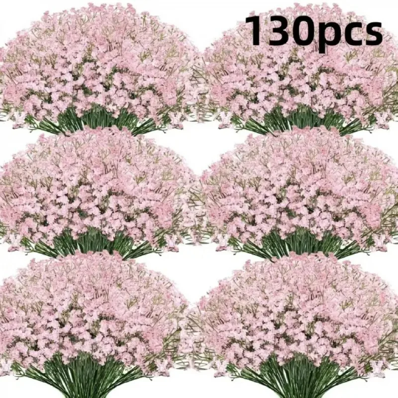 130-Stem Pink Gypsophila Artificial Flower Bouquet, Fresh and Beautiful Dried-Look Textured Artificial Flowers, Home Living