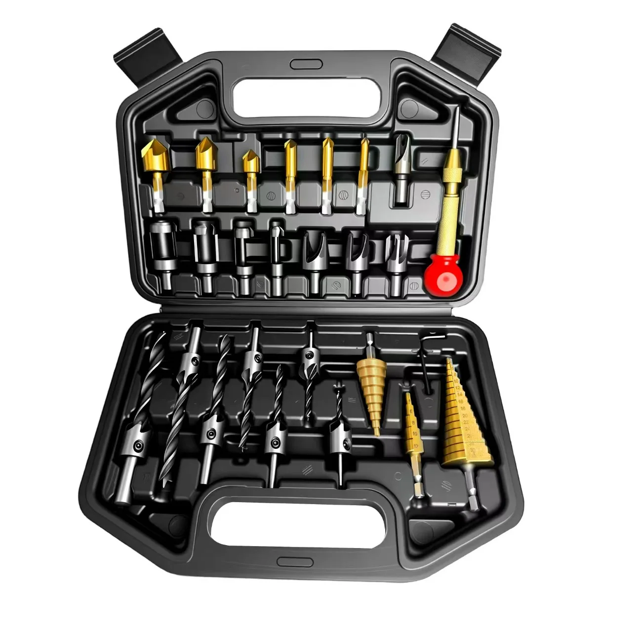 hit product26-Piece Step Drill Five Edge Chamferer Countersink Cork Drill Center Punch Set High Speed Steel Black Oxide Finish