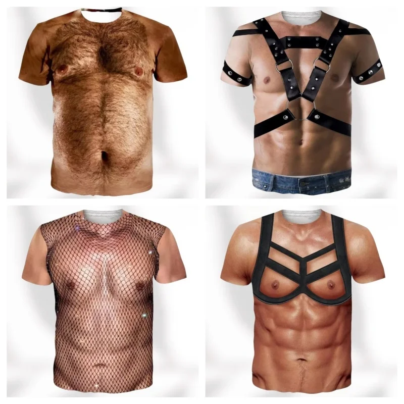 Fun Muscle 3D Printed T-shirt Breathable Quick Drying Clothing Street Wear Ugly Chest Hair T-shirt Clothing Family Style