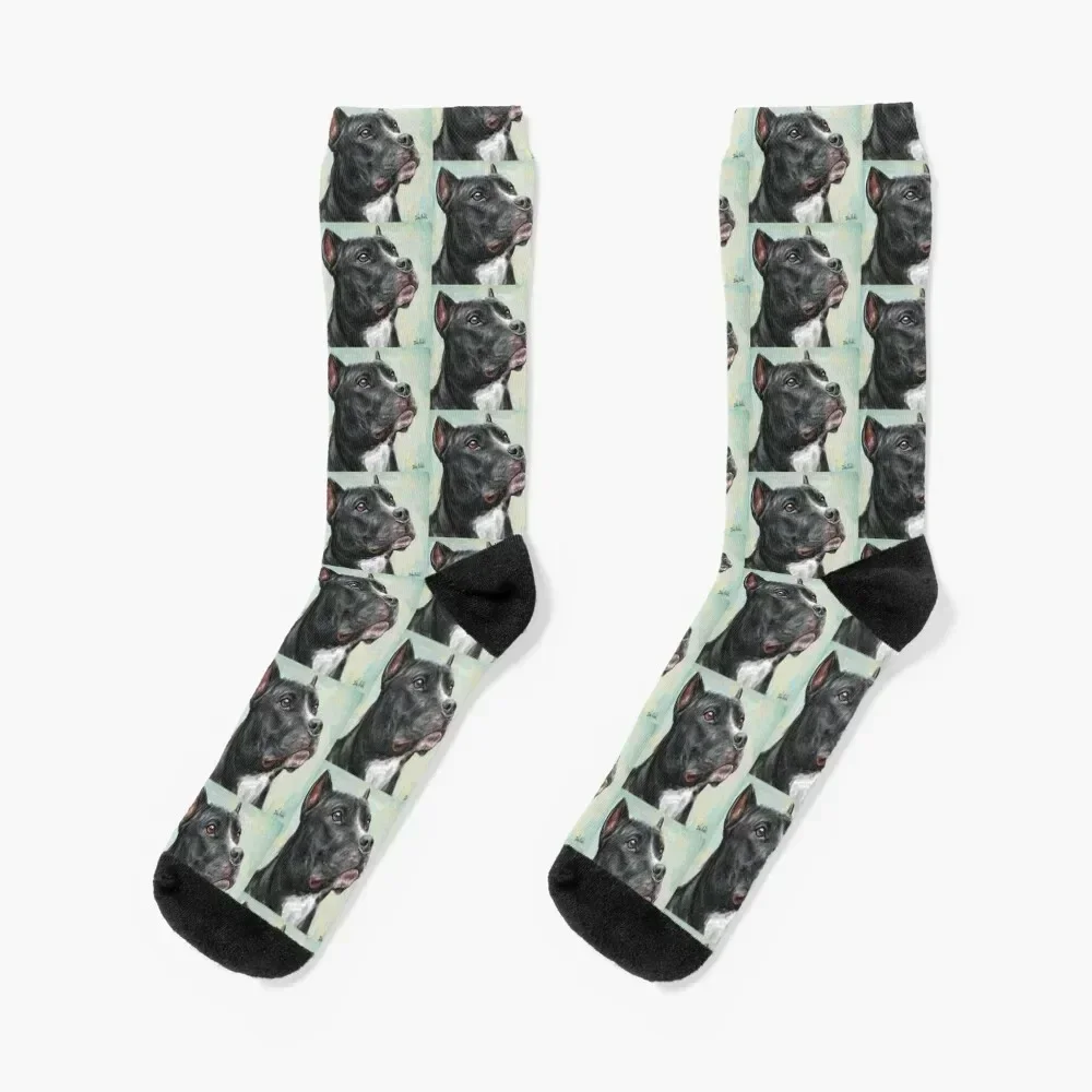 

Painting of a Black Pit Bull Looking into the Horizon, on light Blue Yellow Background Socks hockey Socks Woman Men's