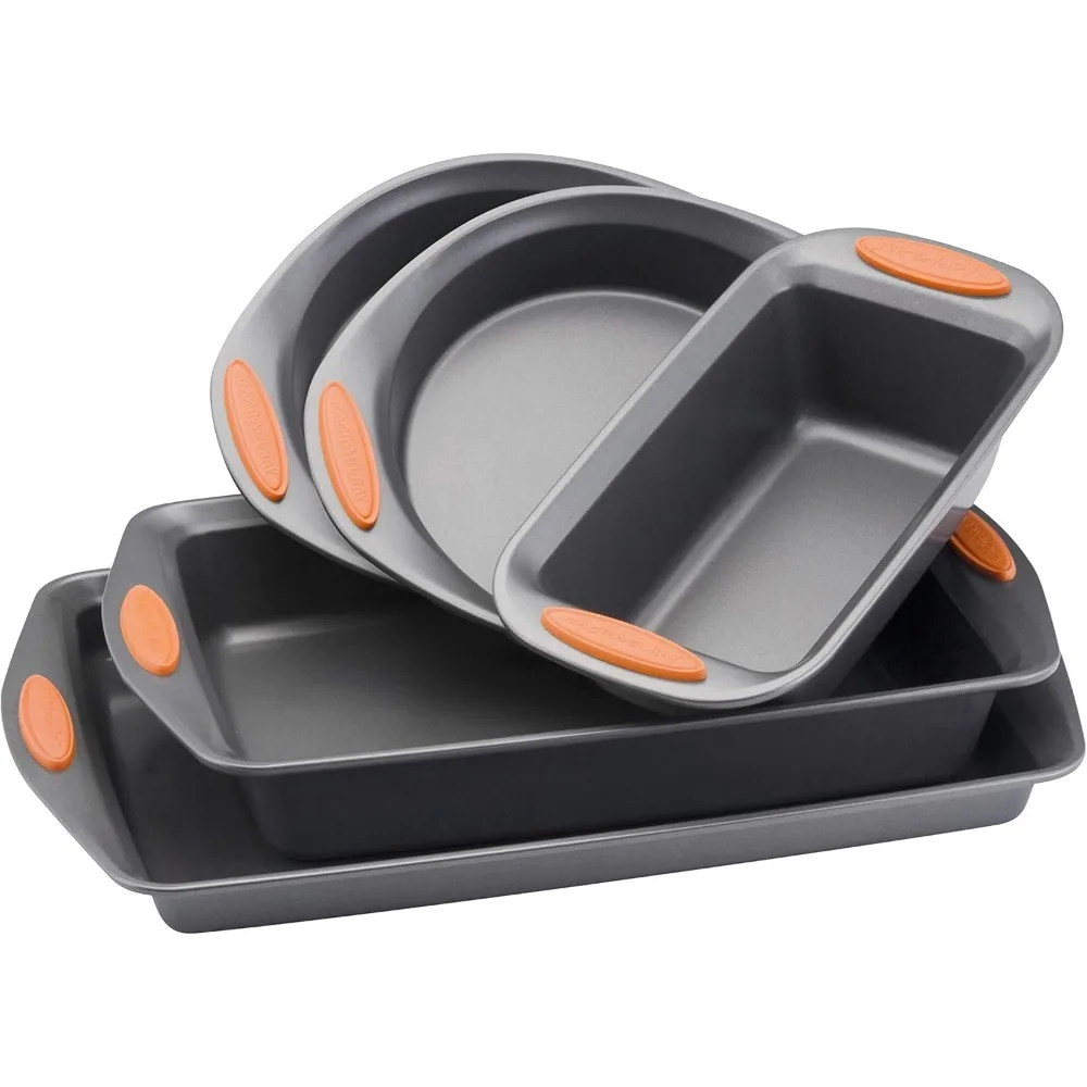 

5-Piece Nonstick Bakeware Set with Grips: Cake Pans, Sheet Pan, Loaf Pan - Gray & Orange