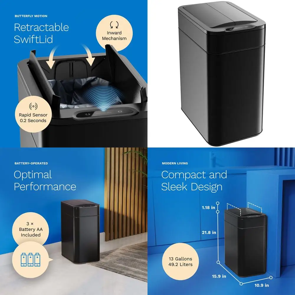 

13-галлонный автоматический мусорный бак с датчиком, выдвижная крышка-бабочка, компактный, легко чистится, на батарейках, матовый черный