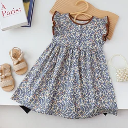 Zomer vliegende mouw ronde hals meisjes prinsessenjurk 3-7 jaar bloem kinderkleding met knoop
