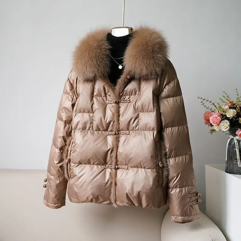 Winter New Fox Hair Collar Mink Hair Splice Vintage Chinese Style Pan Button White Duck Down Down Coat Jacket Women