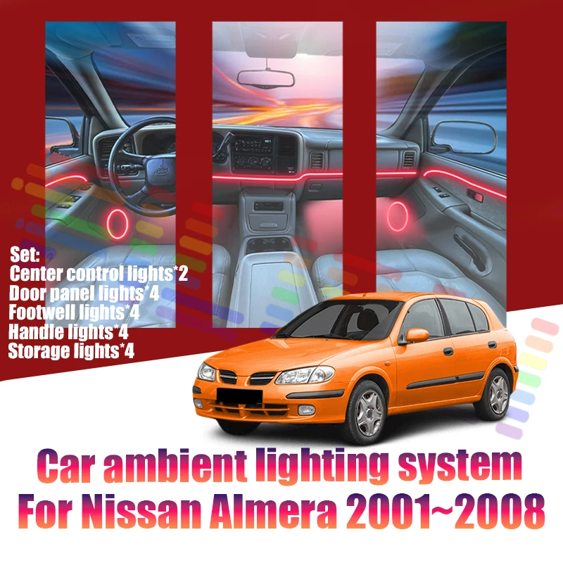 Luces LED Ambientales para Nissan Almera 2001~2008 N16 MK2, Luces de Atmósfera Coloridas, Tira de Neón Interior para Auto, Iluminación RGB de 64 Colores