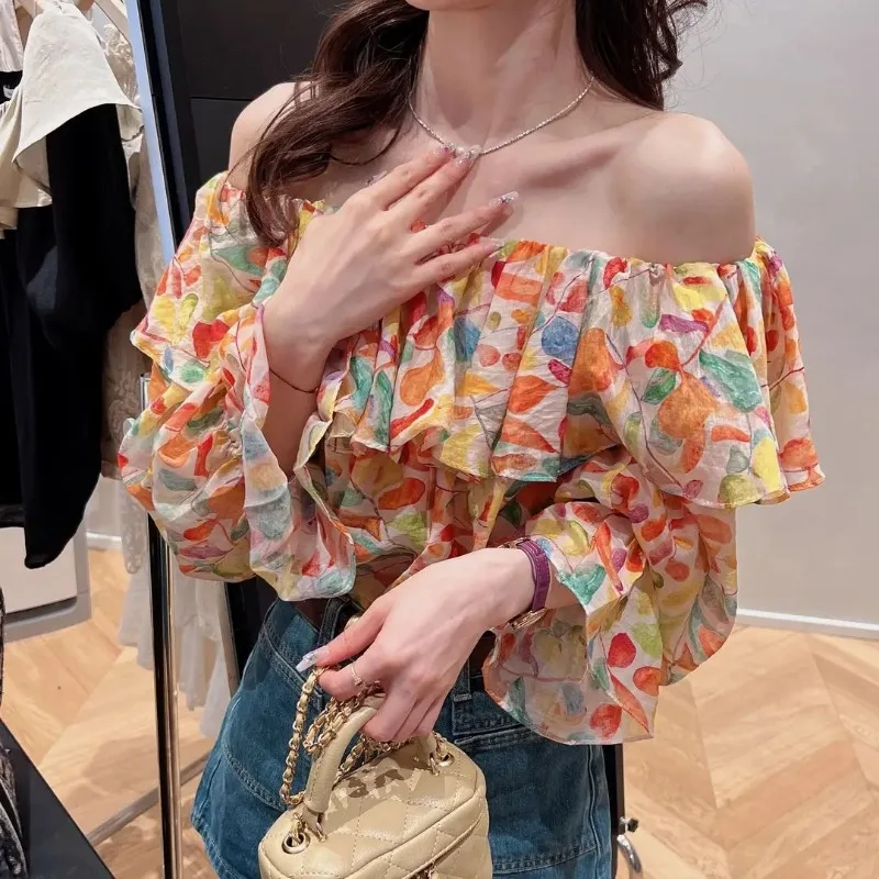 Retro Printed Ruffles Slash Neck Off Shoulder Shirts Spring New Fashionable All-match Flare Sleeve Pullover Women Blouse Tops