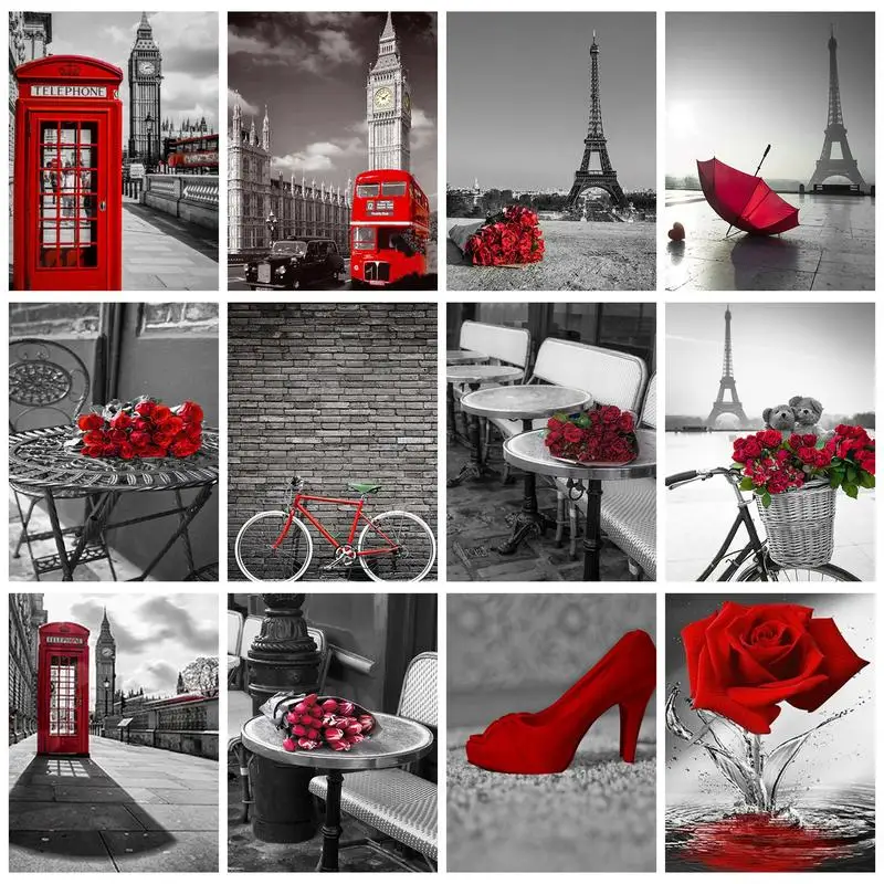 

PhotoCustom Painting By Number Red Telephone Booth With Frame Kits Picture Number Landscape Diy Home Decoration Diy Gift