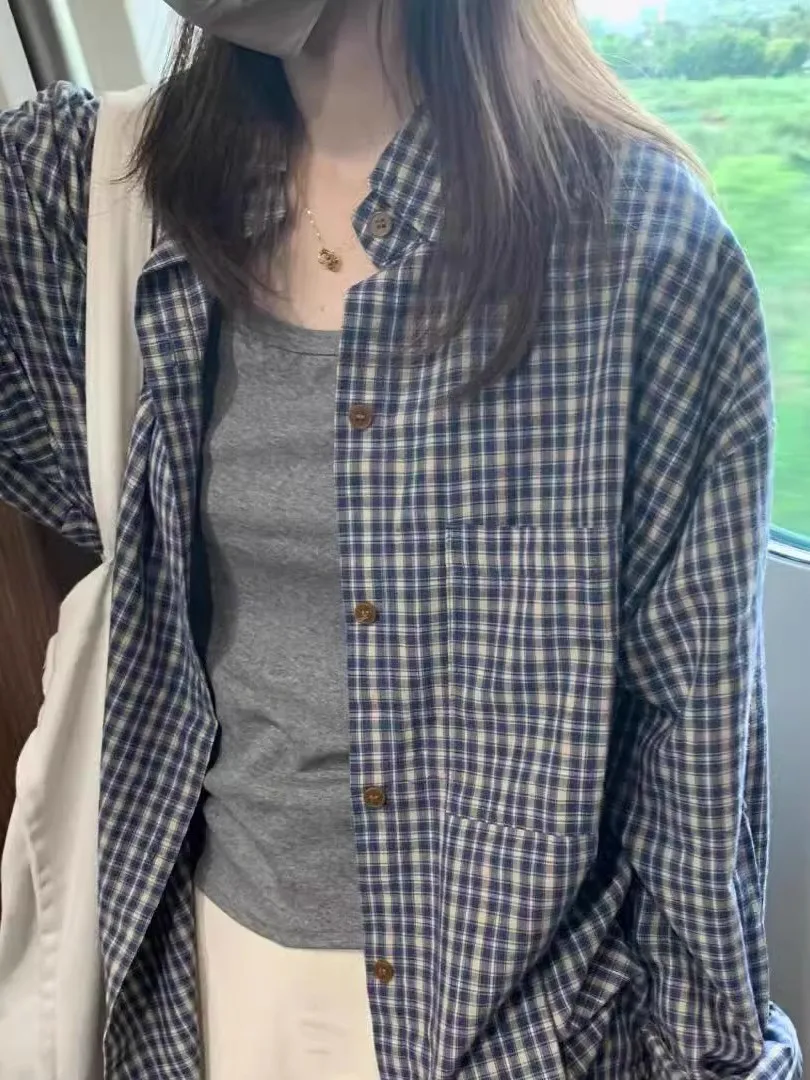 

Blue Plaid Sun Protection irt Jaet Women's Spring Summer Thin Casual Long Sve Top Lazy Sle Design Sense