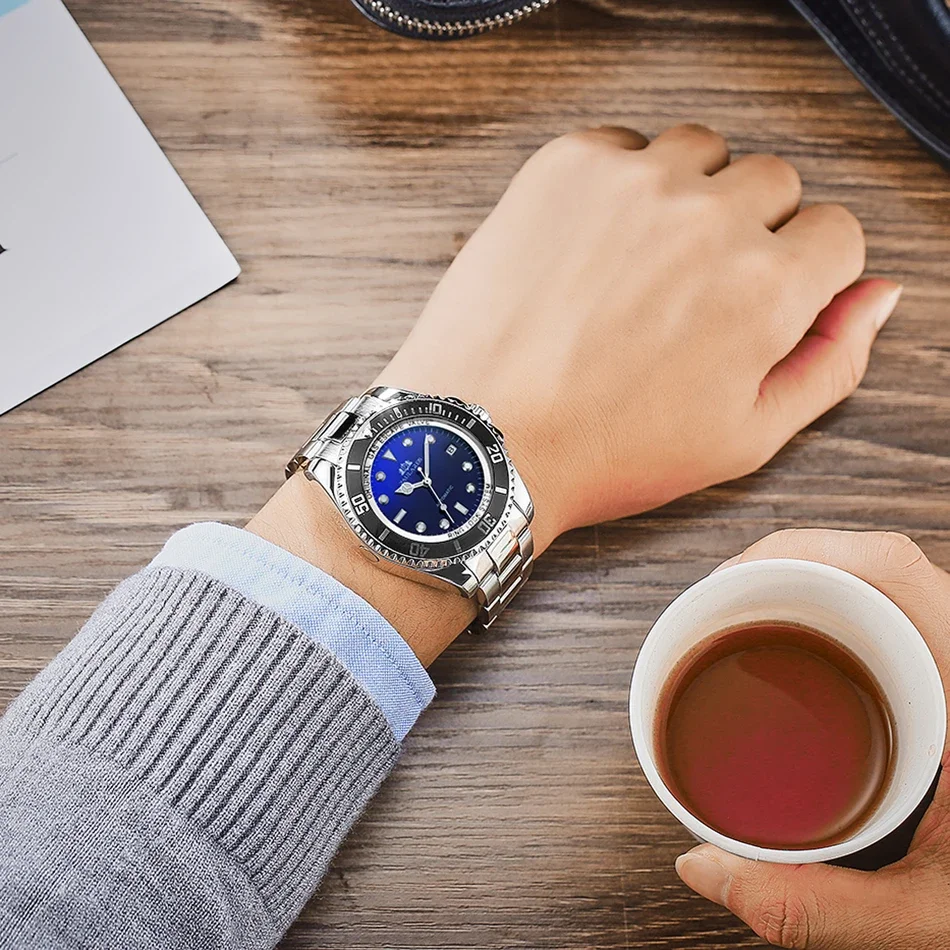 Automatic Men Watch Mechanical Self Wind Movement Stainless Steel Gold Gradient Black Blue Date