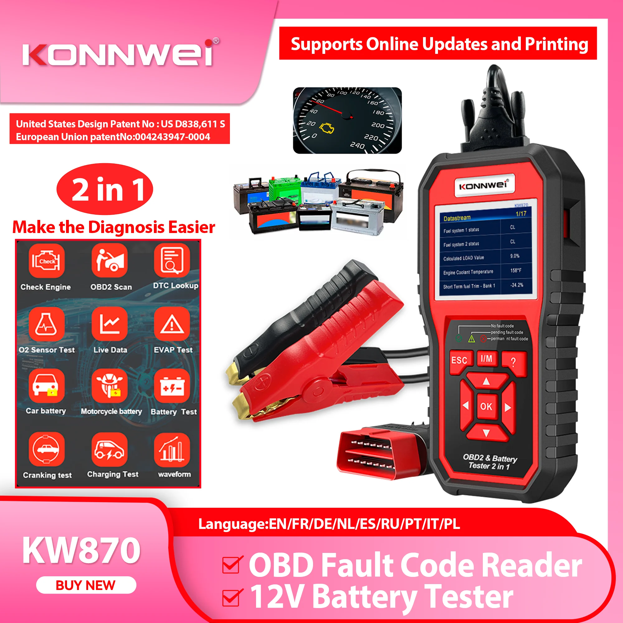 

KONNWEI KW870 Car Motorcycle Battery Tester 6V 12V OBD2 Professional Diagnostics Tool Scanner 2 in1 Cranking Charging Test Tools