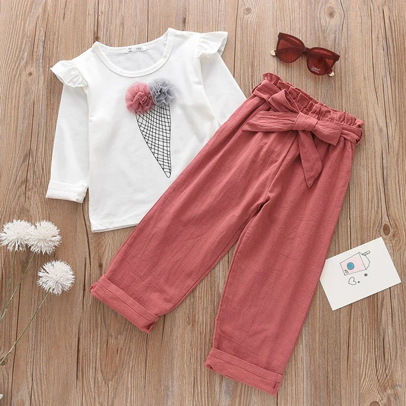 

Kid Baby Girl Outfit Set Ice Cream Fly Sleeve White T-Shirt Tops + Long Pants 2pcs Sets Children Clothing 3-8Y Clothes