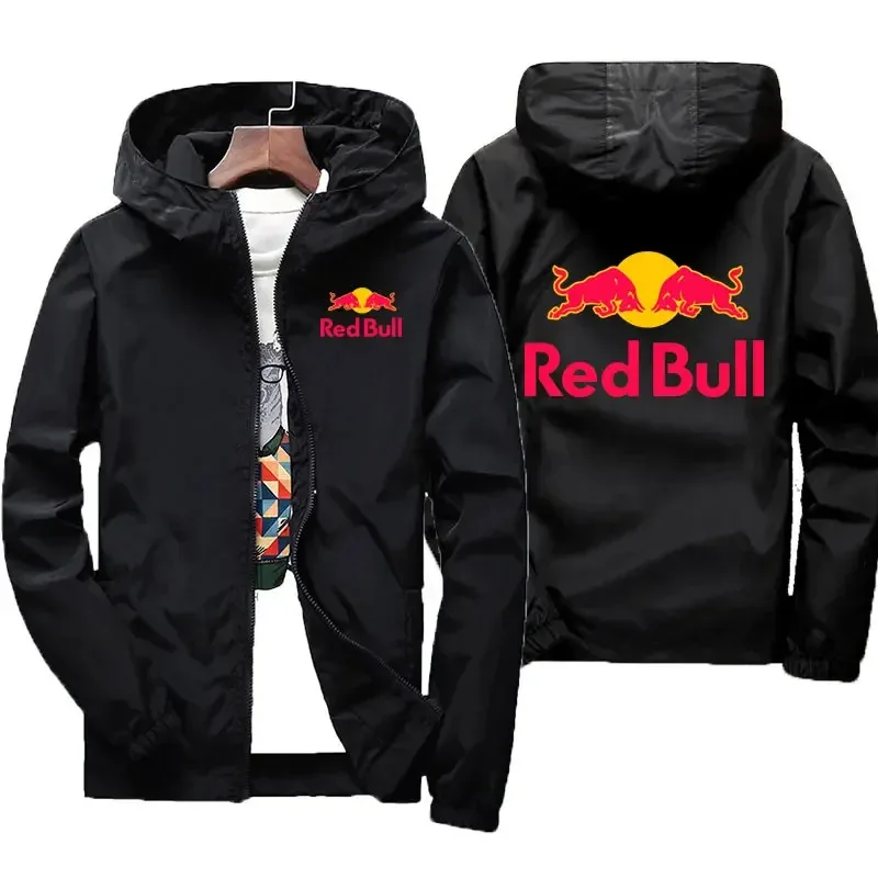 

Men's Spring and Autumn Red Bull Logo Racing Team Windproof Zipper Hooded Cycling Outdoor Sports Jacket Casual Fashion Clothing