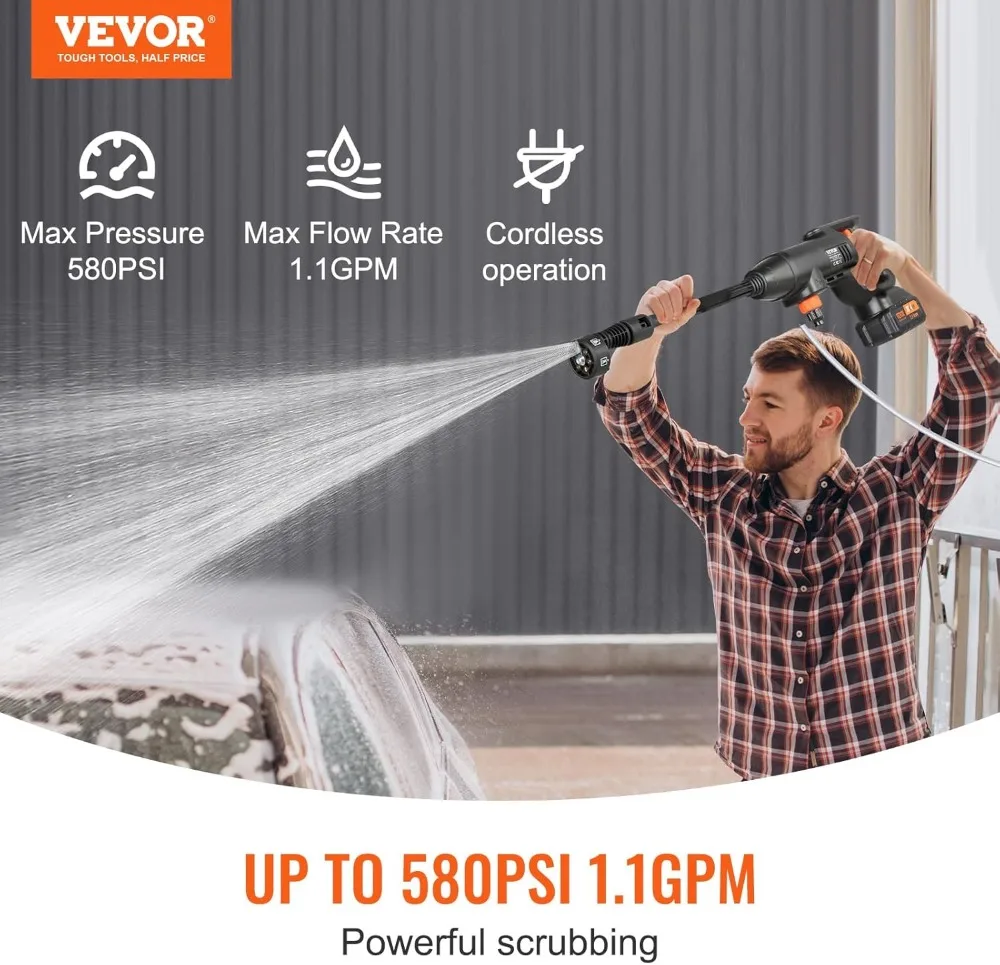 เครื่องฉีดน้ำแรงดันสูงไร้สาย, เครื่องทำความสะอาดแบบพกพาพร้อมแบตเตอรี่ 4.0Ah, หัวฉีด 6-in-1 สำหรับทำความสะอาดบ้านและรถยนต์
