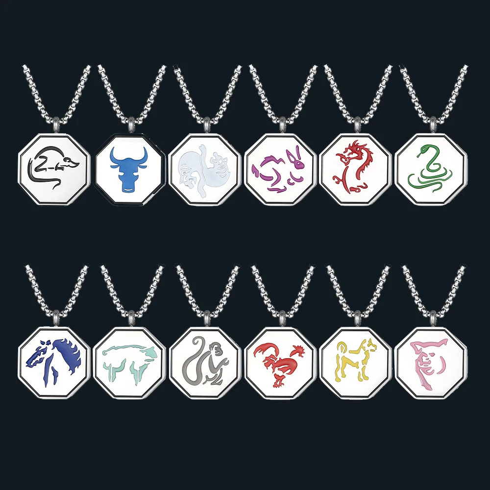 Anime Jackie Chan Adventures Necklace 12 Chinese Zodiac Talismans Pendant Necklace Stainless Steel Jewelry For Men Women Gifts