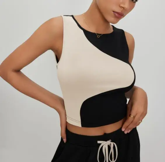 

Women's Top 2026 New Sweet and Spicy Style Design Contrasting Color Splicing Small Pit Strips Slim Fit and Slimming Short Top