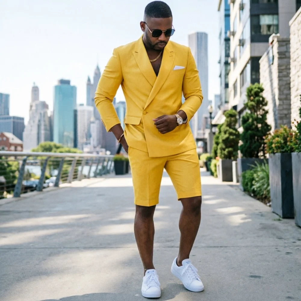 Sage Green Men 2 Piece Summer Suit With Short Pants Double Breasted Lightweight Casual For Beach Vacation Daily Wear Breathable