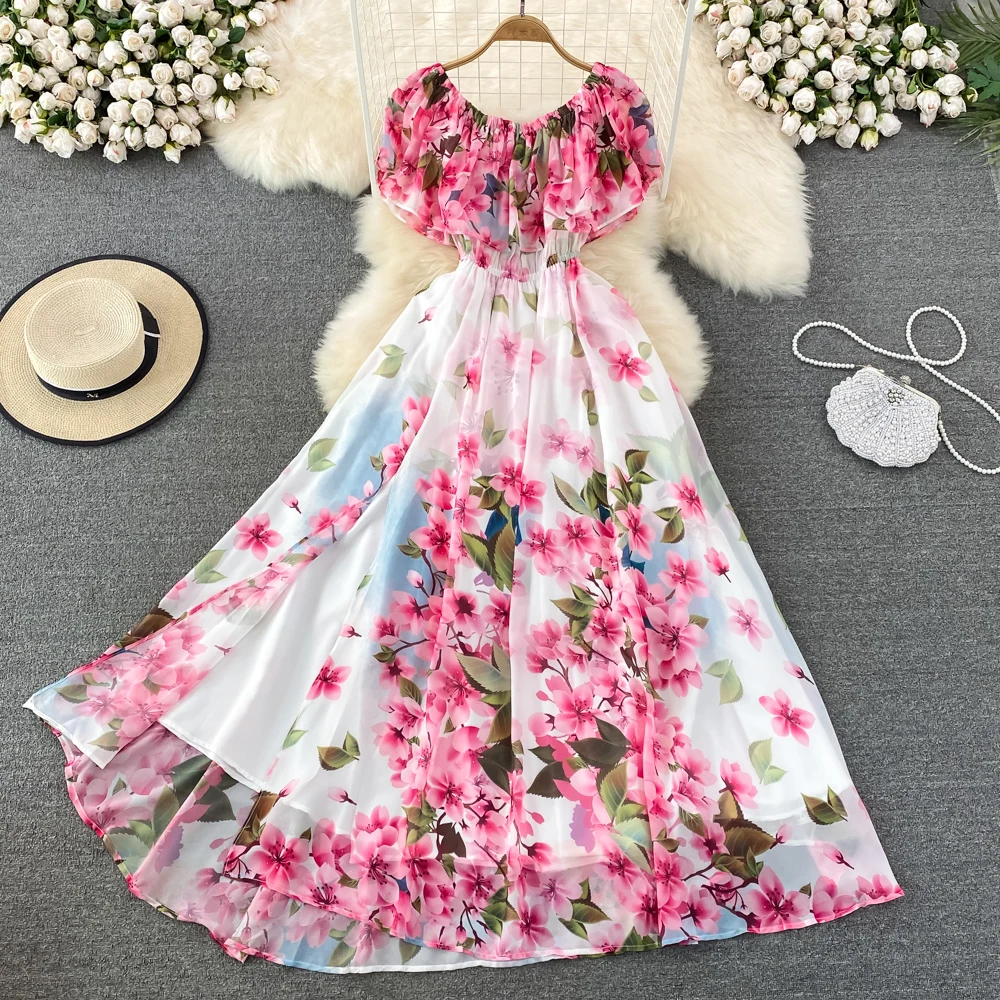 

Off the Shoulder Ruffles Print Dresses for Women 2024 New High Waist Big Swing Summer Dress A-line Elegant Beach Dresses