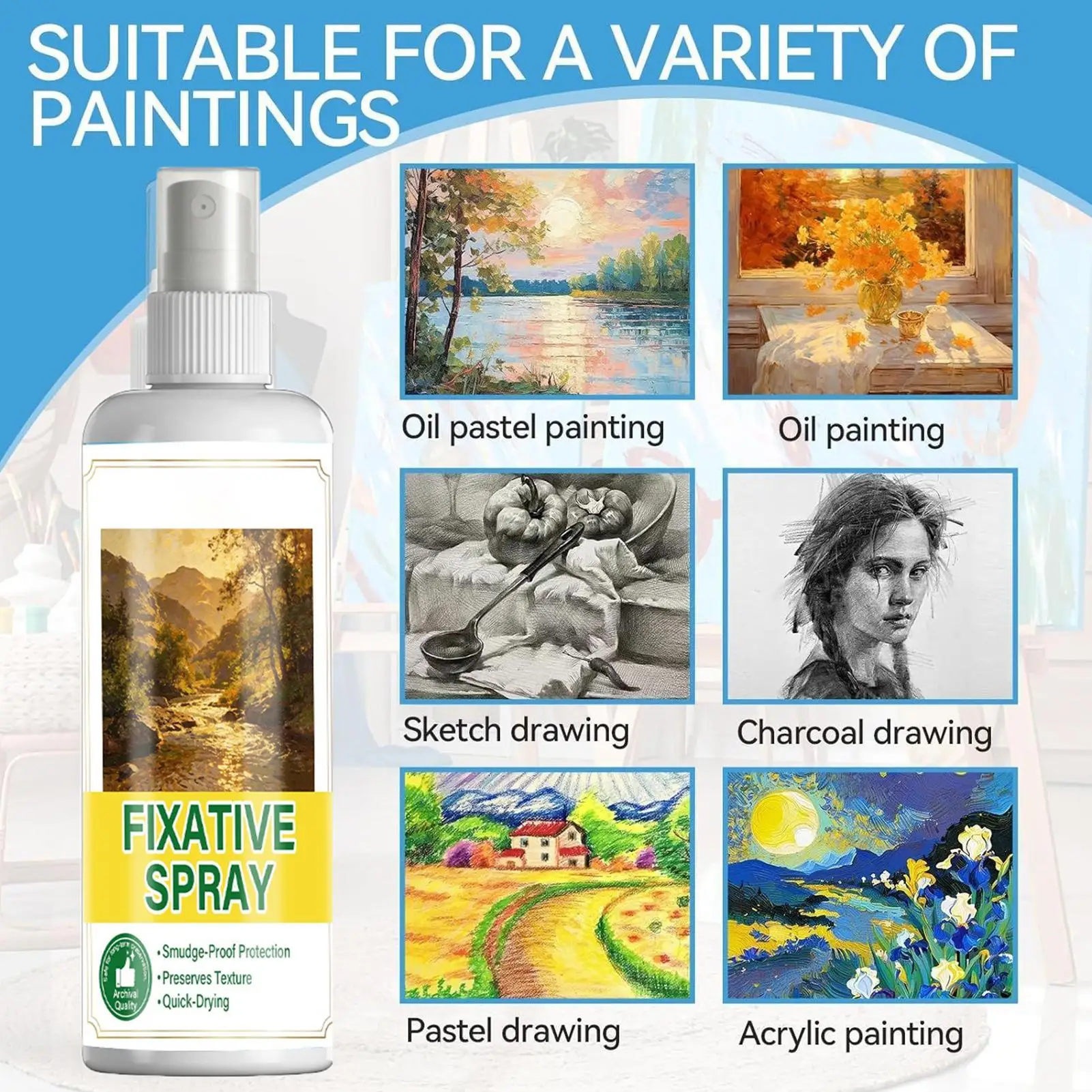 Fixative Spray 120ml Quick Drying Smuge-Proof Coating Artwork Spray Fixative for Painting Crafts Art Wallpaper Acrylics Gouache