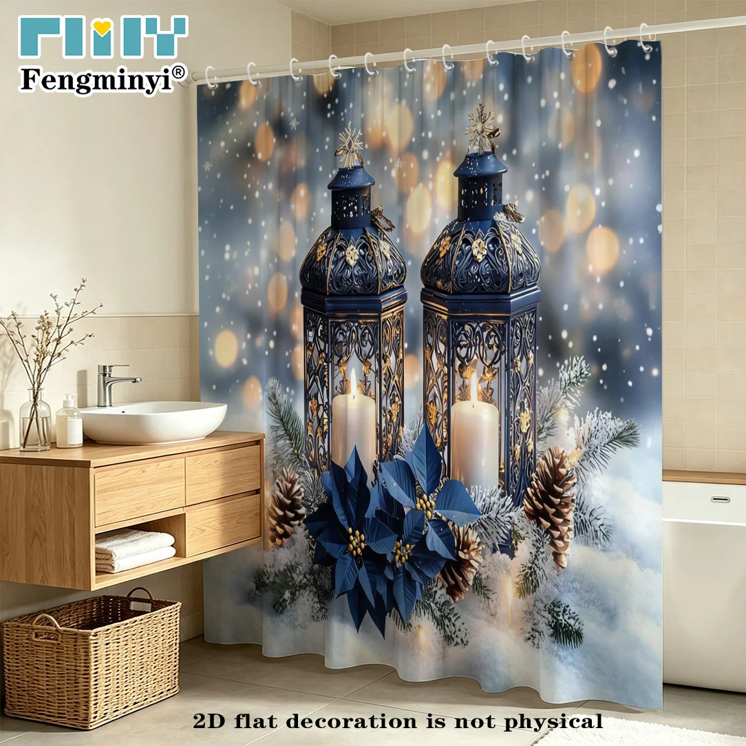 2D Flat, 2D Flat Shower Curtain, 1pc, Christmas Blue Snowflake Lantern Poinsettia Pinecone Winter Scene Shower Curtain, Bathroom