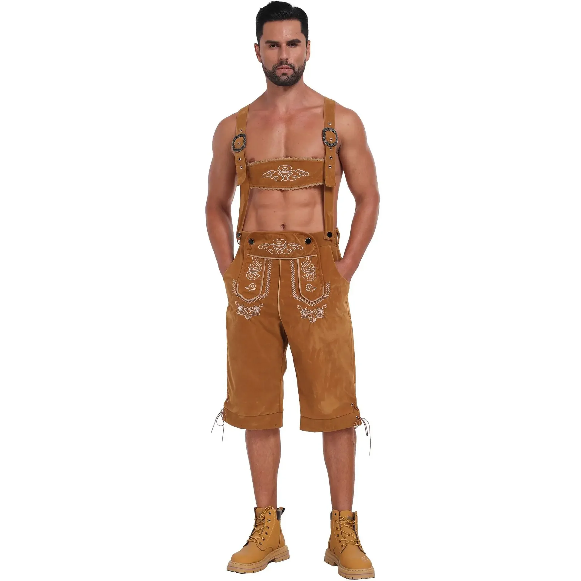 زي Lederhosen لمهرجان البيرة البافارية للرجال مع حمالات - ثوب فضفاض بأكمام قصيرة لمهرجان أكتوبر الألماني #1