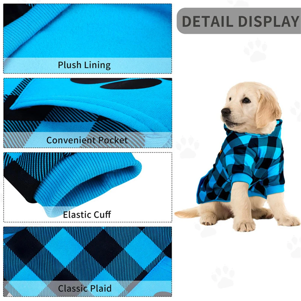 Fleece Pet Clothes Small and Medium Dogs Lattice Hoodie Coat Winter Warm Outdoor Cat Puppy Hooded Sweatshirt with Pocket Hat