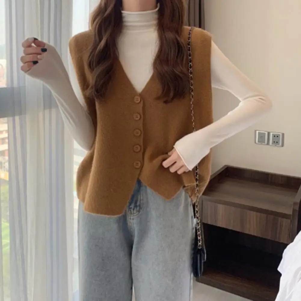 

Women Short Vest Cozy V Neck Button-down Women's Sweater Vest For Fall Winter Solid Color Knitted Thick Top To Keep Warm Stay