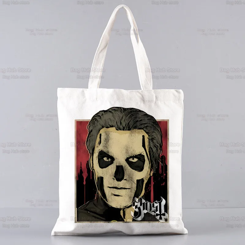 Ghost Rock Band Bolsa de compras para homens e mulheres, sacolas de algodão reutilizáveis, lona, sacolas de personagens populares, alta capacidade, prevalente