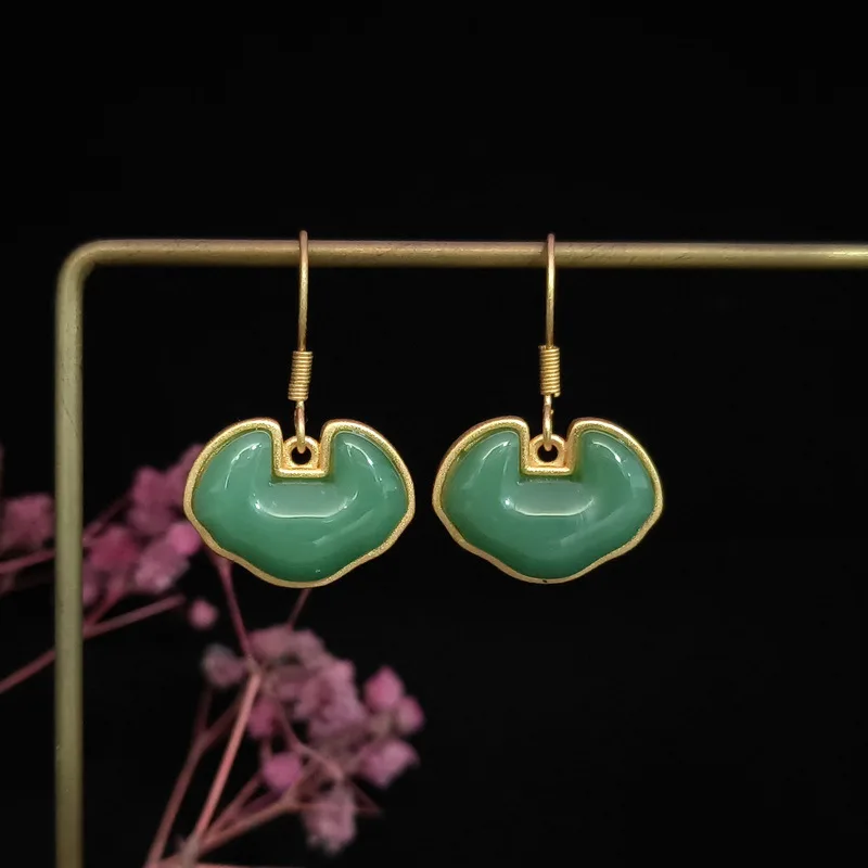 

Real Jade Ruyi Earrings 18K Gold Plated Charm Luxury Vintage Natural Jewelry Designer Gifts Talismans Stone Gift Amulet