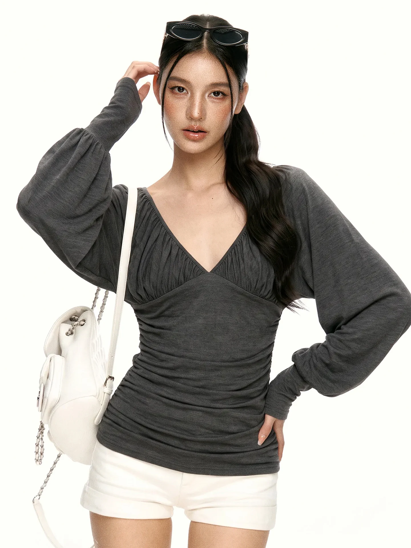 Aaisup Grey V-neck Pleated Lantern Sleeve Long Sleeve T-shirt Women's Initial Autumn Slimming Base Layer Shirt Top