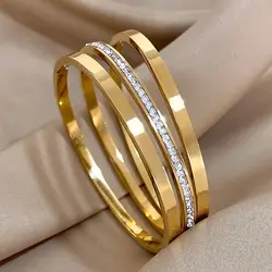 3pcs Glossy Rhinestone Stainless Steel Bangle Bracelet for Women Luxury Gold Silver Color Wristband Bracelet Waterproof Jewelry