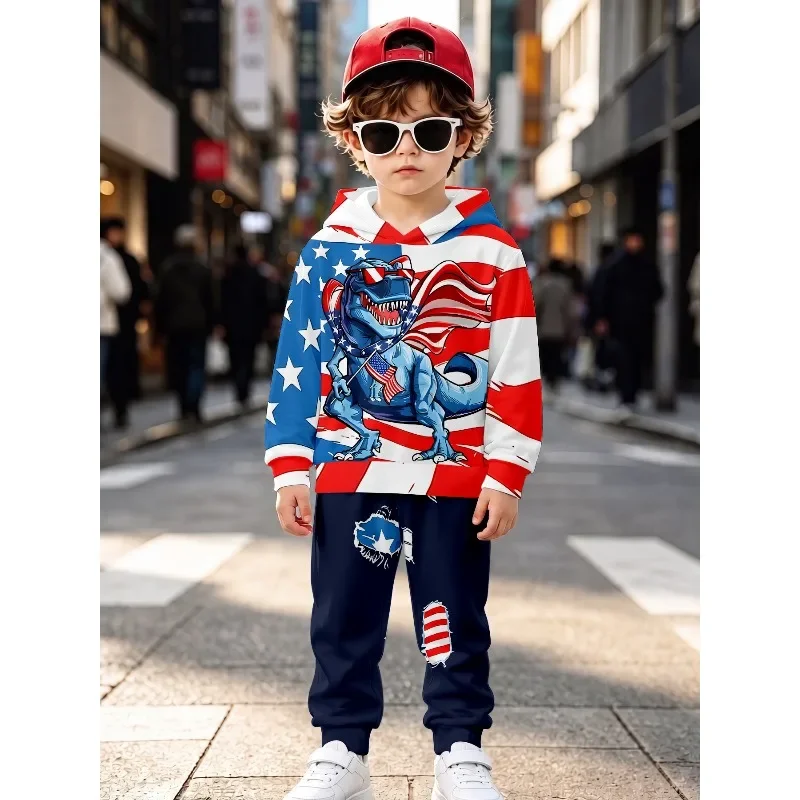 Boys Hooded Jogger Tracksuit, American Flag Dinosaur, Monster Truck & Palm Tree USA Flag Print, Kids Casual Sport Play Outfit